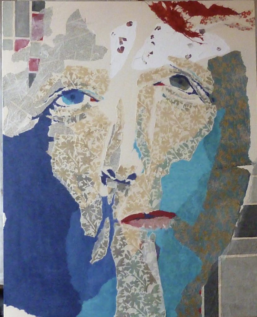 Collage aus gerissenem, farbigen Papier, Titel "Zerrissenheit"
