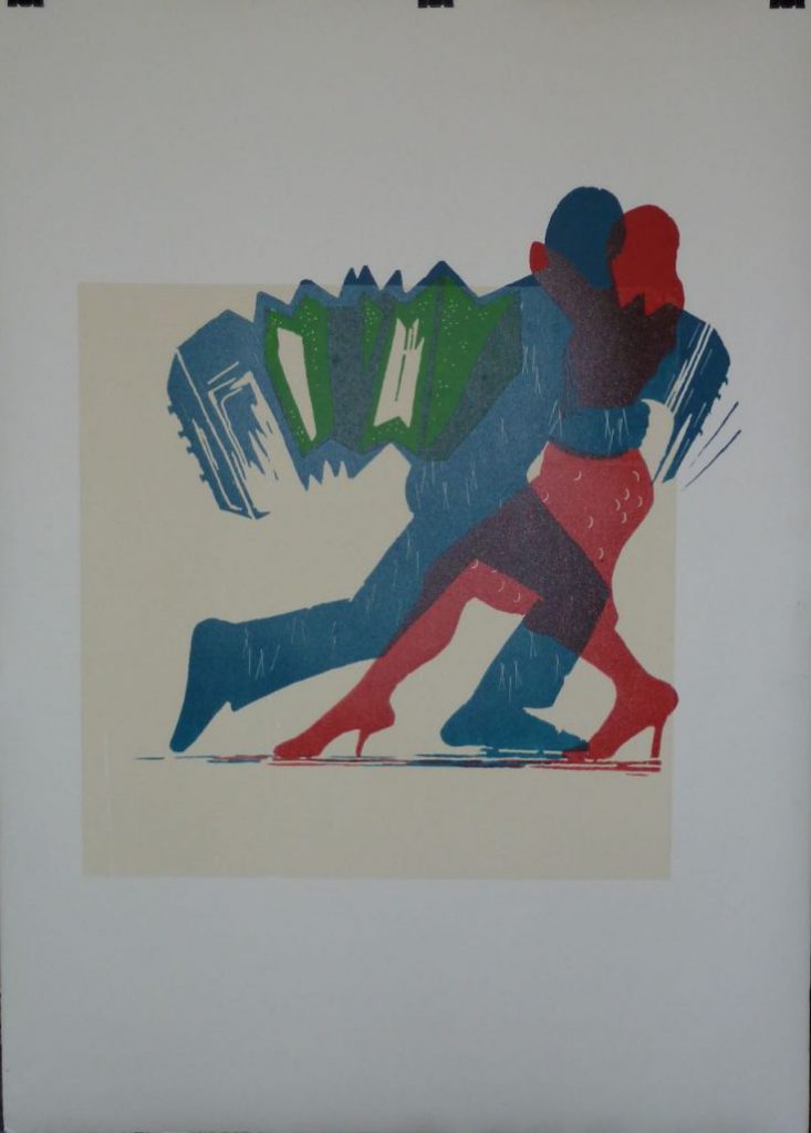 Holzschnitt Tango, vierfarbiger Druck zeigt ein Paar Tango tanzend samt Bandoneon