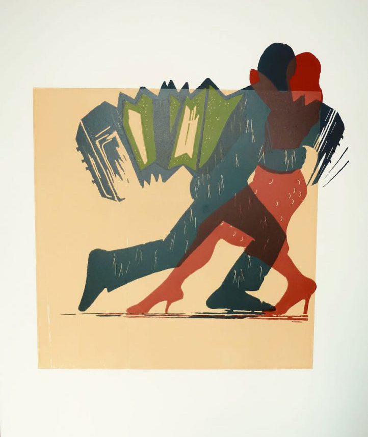 Holzschnitt Tango, vierfarbiger Druck zeigt ein Paar Tango tanzend samt Bandoneon