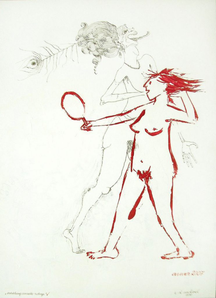 Zeichnung: Abgehakt, zeigt nackte Frau mit Spiegel