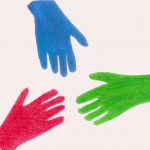 Linoldruck: Drei farbige Hände